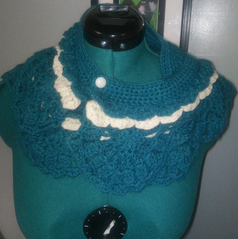 Crochet Multi-Wear Scarf/Wrap/Vest/Accessory in Teal & White NEW